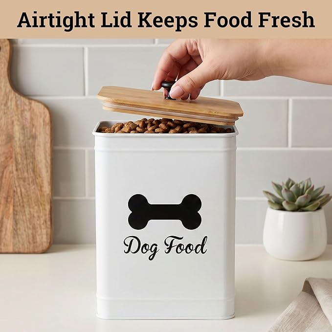 Metal Dog Food Container 5-7lb, 25 Cup w/ Airtight Bamboo Lid, Metal Handle | Pet Jar For Dogs up to 50lbs, Airtight Bamboo Lid, Sturdy Comfortable Metal Handle, Powder Coated Iron, Kibble Storage Bin