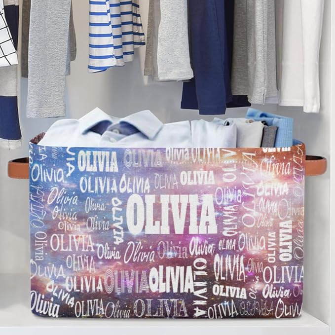 Custom Name Storage Basket for Clothes, Books, Purple Galaxy Universe | Organizing Boys Girls Pets Toys Closet Shelf Clothes Books