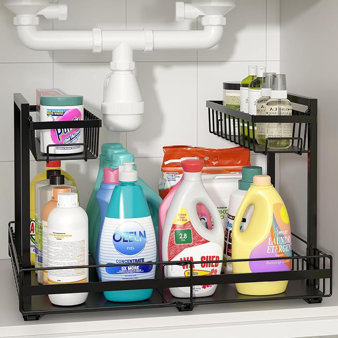 NADAMOO Expandable Under Sink Organizer, 2-Tier Pull Out Cabinet Organizer | Expandable Width, 3-Level Height Adjustment, Metal Storage Rack with 3 Slide Rails for Kitchen Bathroom Laundry, Black