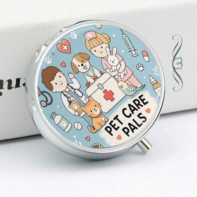 Friendly Pet Care Pals Poster Round Pill Box with 3 Compartments, Portable Travel Pill Organizer with Spring Snap Closure for Vitamins Supplements Fish Oil