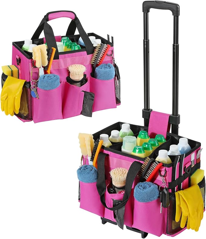 Housolution Rolling Cleaning Caddy Bag with Wheels, Rose Red | Detachable Trolley, High Bearing & Waterproof, Multifunctional Using