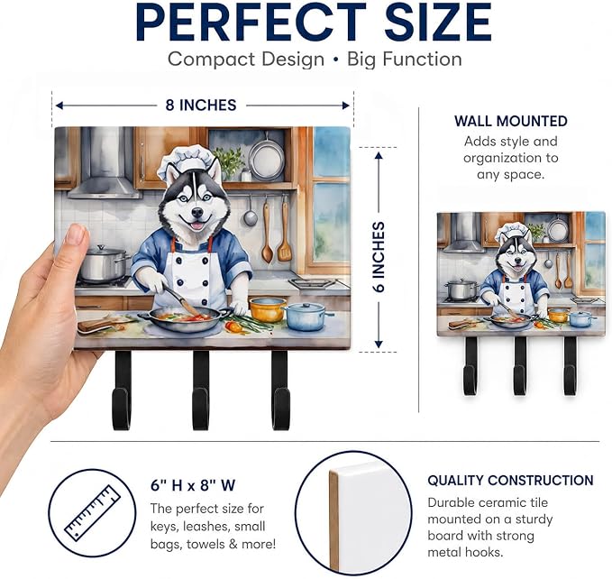 Caroline's Treasures Siberian Husky The Chef Leash or Key Holder Wall Hooks, Key Hooks Holder, Coat Rack Wall Mount, Coat Hooks, Hooks for Hanging Keys, Towels, Aprons, Leashes | Siberian Husky The Chef artwork on ceramic tile with three steel hooks fo...