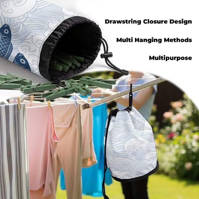 Drawstring Peg Bag Organizer, Blue Wave Pattern Clothespin Storage Pouch with Hanging Button, Portable Laundry Clips Holder for Drying Rack, Camping, Travel & Home