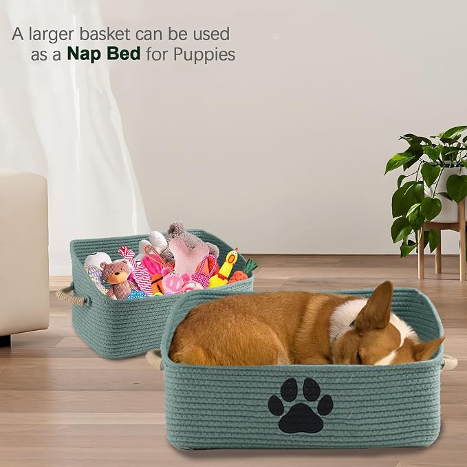 2 pack Woven Dog Toys Basket, 100% Cotton Rope Dog Toy Box for Living Room Area, Trapezoid Pet Toys Bin with Sturdy Handle, Puppy Bed, Green Baskets for Pet Toys/Collar/Leash/Blanket
