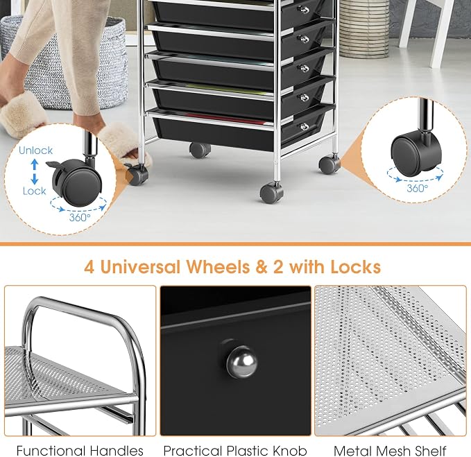 10 Drawer Rolling Storage Cart, Organization Cart with Drawers for Craft Makeup Paper Tool Art Supply, Versatile Utility Cart on Wheels for Home Office Classroom School (Black)