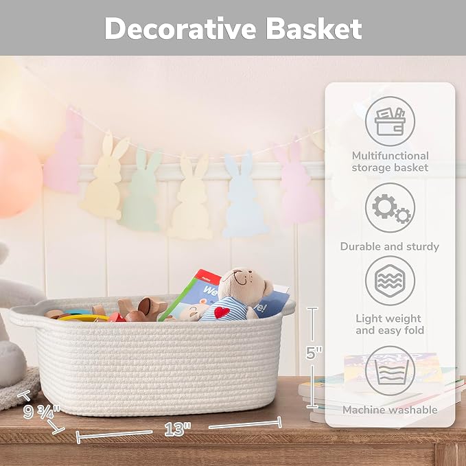 CHICVITA Small Woven Rope Gift Basket, Decorative Shelf Basket, White | 13" x 10" x 5" Storage Baskets for Toys, Diapers & Baby Showers, Fits Nursery & Bathroom Organization, Built-In Handles