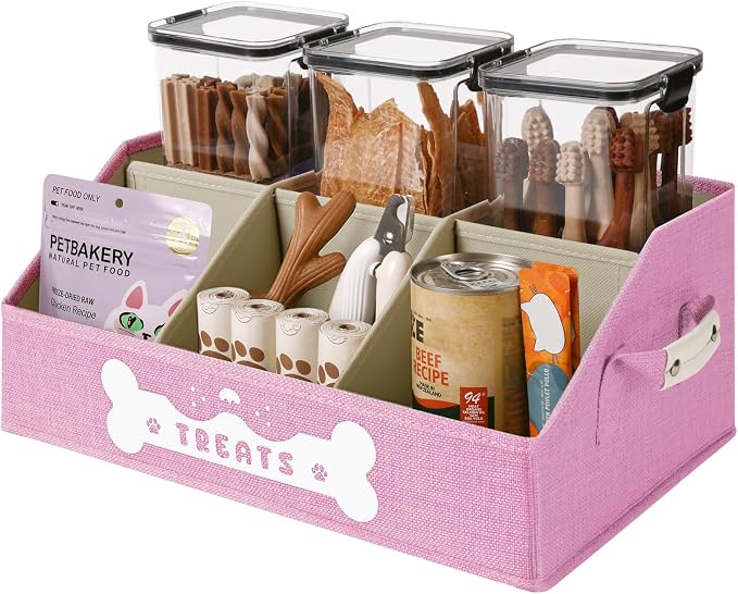 Dog Treat Container, Dogs Storage Organizer with Removable Dividers, Collapsible Dogs Treat Holder for Countertop, Trapezoid Pet Treats Containers, Dog Toy Basket with PU Handles, Medium, Pink