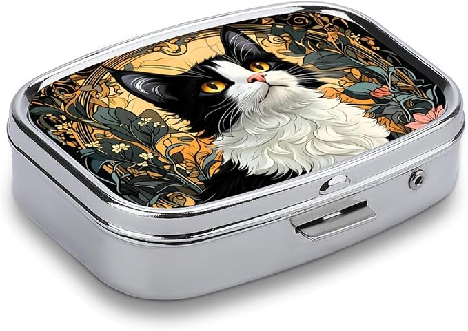 Cat Durable Metal Pill Case for Daily Use, 2 Slot Medicine Box Organizer,Leak Proof Travel Pill Container for Vitamins, Compact Pocket Medicine Holder for Seniors,Holiday Gift
