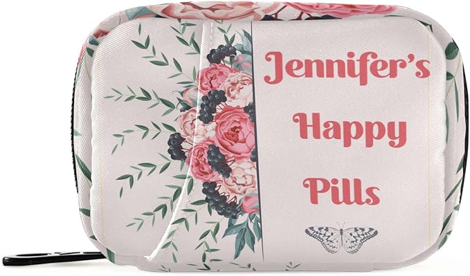 Custom Pill Box 7 Day Pill Case Bag Blossom Flower Personalized Name Travel Pill Organizer Bag with Zipper Portable Weekly Case Compact Size for Vitamin Supplement Holder
