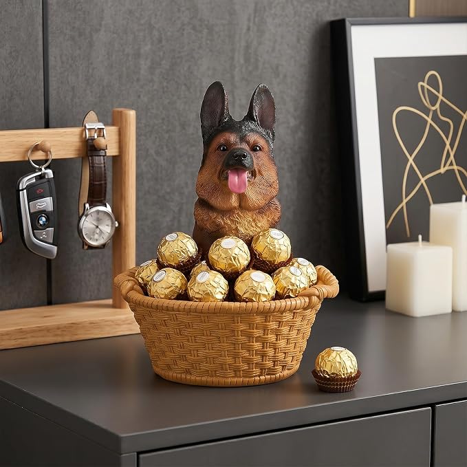 Cute German Shepherd Candy Bowl, Resin Dog Figurine Key Bowl for Entryway Table, Desktop Storage Basket Organizer for Desk, Unique Dog Lover Gift