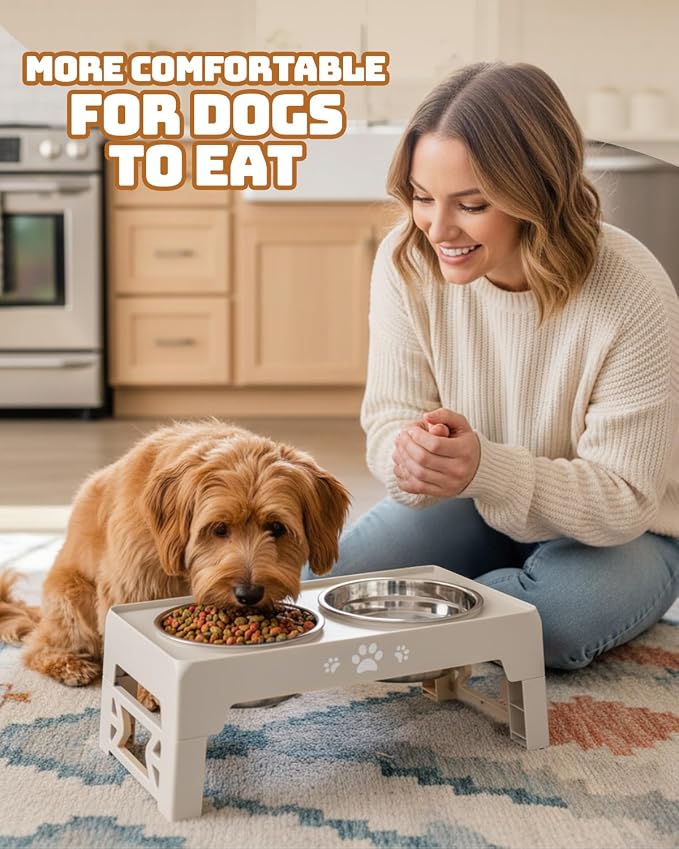 Jovrun Elevated Dog Bowls for Small Dogs and Cats, Non-Slip Cat Bowls with 2 Thick 5.5" Stainless Steel Dishes, Dog Feeder 2 Heights Adjustable to 2.6"-5.3"