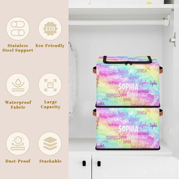 Personalized Kids Toy Box with Name, Custom Nursery Baskets Cubes Box with Zipper Lid, Kids Custom Storage Basket Laundry Baskets Organizer with Handles, Colorful Rainbow Color