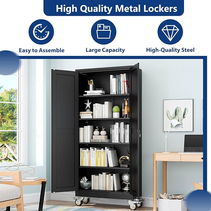 Ckzbx Metal Garage Storage Cabinet with Locking Doors and Adjustable Shelves,71" H Rolling Tool Storage with Wheels for Garage,Office (Black)