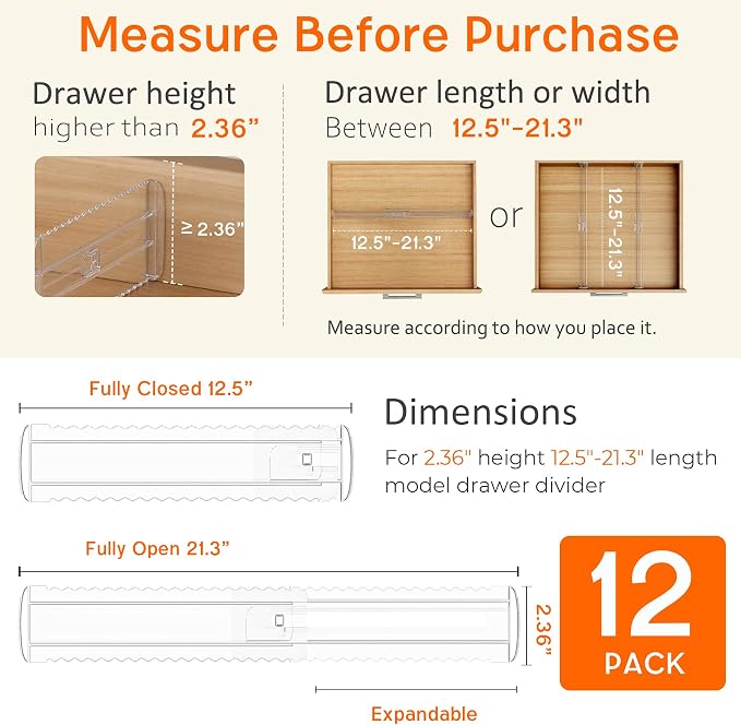 12 Pack 2.36" High Shallow Drawer Dividers, 12.5"-21.3" Expandable | Adjustable Kitchen Drawer Organizer, Clear Plastic Separator for Utensils, Flatware, Cutlery, Socks & Underwear Storage