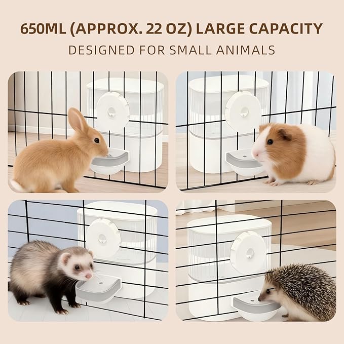 No Drip Hanging Automatic Rabbit Water Dispenser 650ml, Top Refill Pet Water Bowl Bottle BPA Free for Rabbits, Bunny Guinea Pig Ferret,Squirrel,Hamster,Puppy Kitten, Other Small Animals
