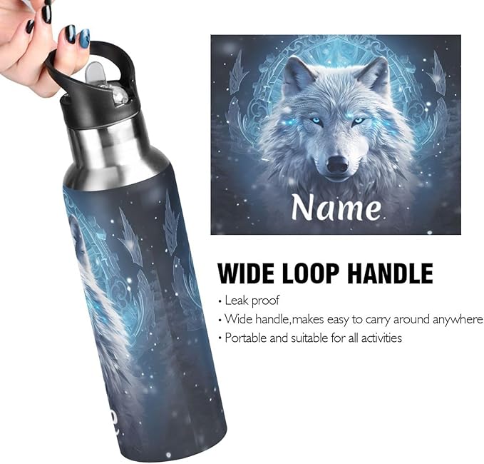 Custom Name Wolf Boho Water Bottle with Straw Lid Kids Insulated Stainless Steel Water Flask Sports, 20 Oz Hot Cold