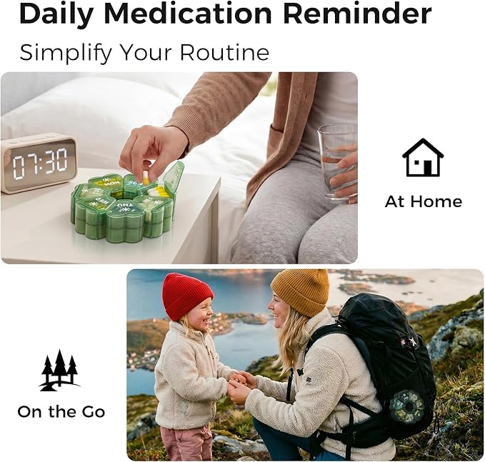 LANDNEOO Weekly Pill Organizer 2 Times a Day, Cute Double-Sided AM PM Pill Case 7 Day, Green Travel Pill Box for Medication, Vitamins, Fish Oils, Supplements - Green