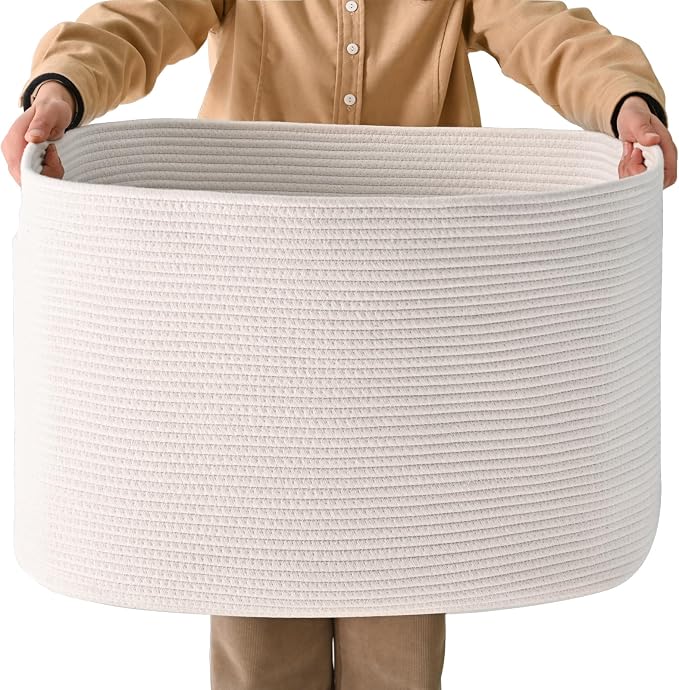 ICERZCZ White Laundry Basket, Blanket Baskets for Living Room, Cotton Rope Baskets for Storage, Woven Basket for Blankets, Toys, Clothes, Shoes, White, 25”x16”x16” (105L)