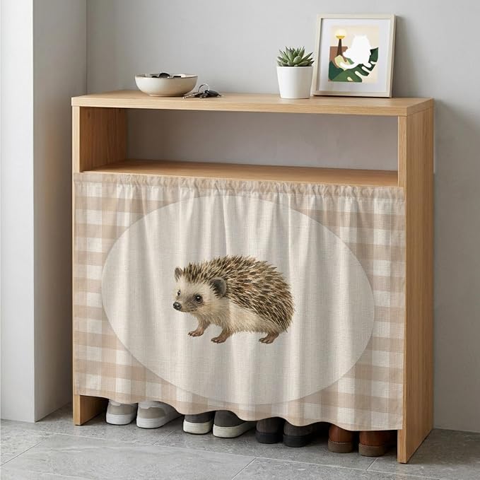 Hedgehog Cabinet Dishwasher Hidden Curtains, Privacy Closet Door Curtain, Vintage Farmhouse Linen Plaid Rustic Animal Adhesive Dust Proof Under Sink Skirt for Bathroom Kitchen 35"x35"