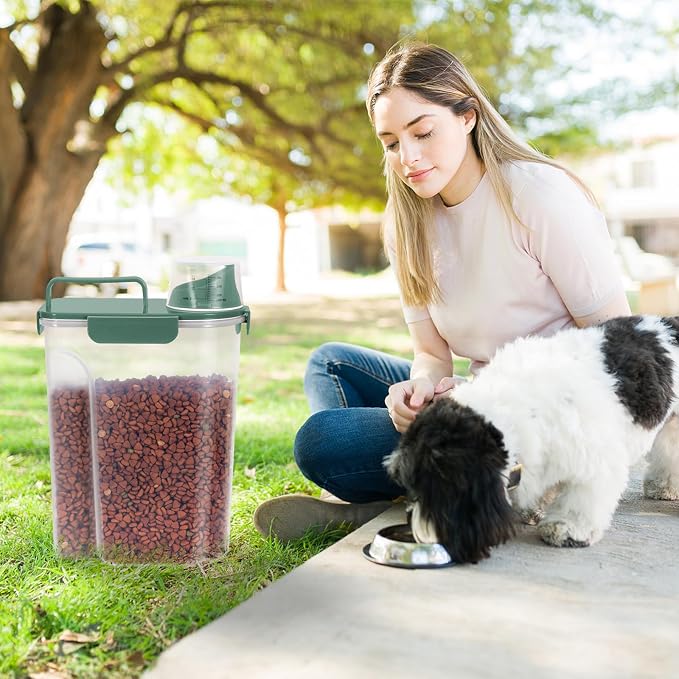 LEAWALK 5-7lbs Cat Dog Storage Container Portable with Upgraded Large Spout and Cup, Plastic Pet Food Dispenser BPA-Free for Small Animal Kibble, Bird Seed, Oatmeal, Rice, Flour-2Pack Royal Green