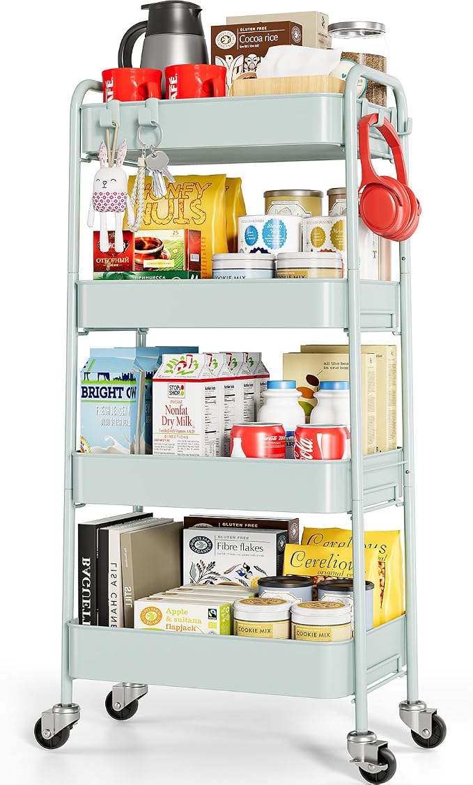 TOOLF 4 Tier Metal Rolling Cart, Utility Storage Cart with Wheels, Green | Screwless Assembly, Lockable Metal Wheels, Trolley Organizer for Bathroom, Kitchen, Office, Dorm, Laundry, Craft Room