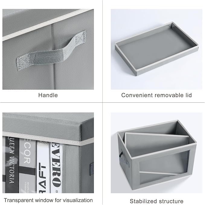 Large Storage Baskets Bins with Lids - Stackable Cube Bins for Closet, 3 Pack Grey Windows Organizer Bins, Home Organizers and Storage for Clothes, CD, Towels