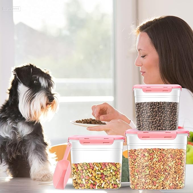 3 Pieces Animal Food Storage Containers, Plastic Dog Food Storage Container with Spoon, 4 Seal Buckles Pet Food Storage Containers for Dog Cat Treats(3.8 L+ 2.3L +1.2L)