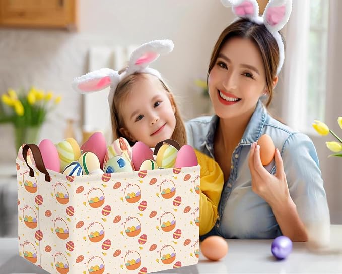 Large Rectangular Easter Baskets Empty Waterproof Boy Toy Box Foldable Kid's Gifts Storage Bin Spring Room Decor(Small Round Dot Gift Basket Egg)