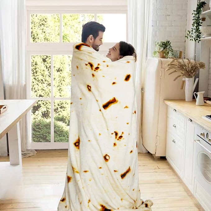 Bnuitland 90 Inches Tortilla Burritos Pattern Blanket with Pouch, 300 GSM Double Sided Giant Flour Novelty Taco Funny Realistic Food Blanket for Bed Sofa, Super Soft Flannel for Adults