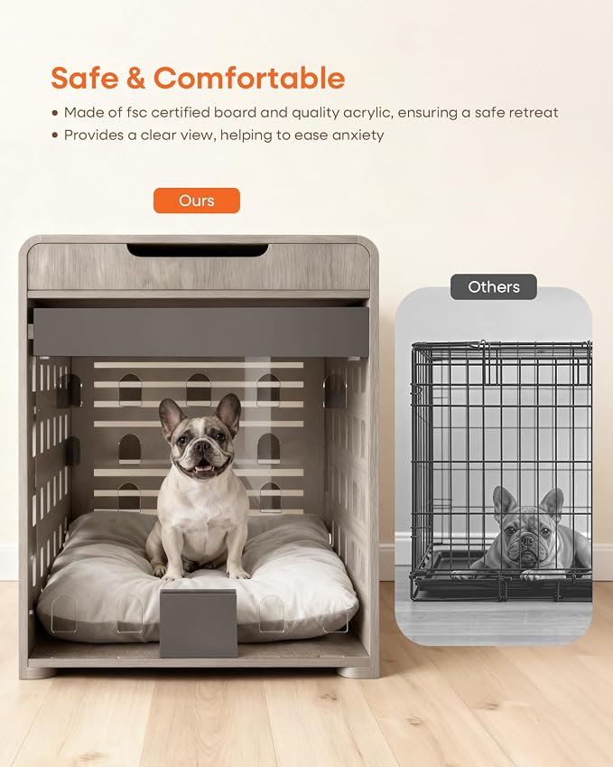 Modern Dog Crate Furniture with Charging Station Medium Kennel Indoor with Flip-up Hidden Acrylic Door for Small and Medium Breeds up to 50lb Wood Pet End Side Table Cage, Grey