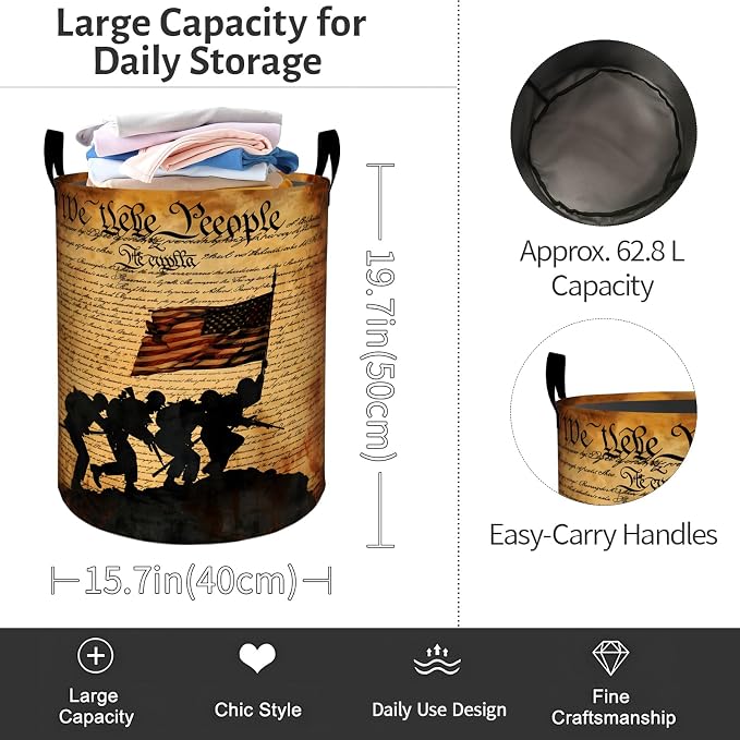 Soldier Silhouette Laundry Basket, Patriotic Foldable Oxford Cloth, Waterproof Dirty Clothes Hamper with Handles, Clothing Storage Bin Toy Organizer for Bedroom Dorm Bathroom, 19.7"x15.7"