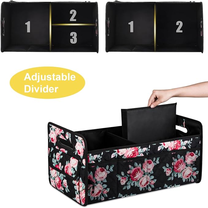 Car Trunk Organizer for SUV, Collapsible Car Storage Organizer Black Floral | Sturdy, Large Capacity, Diamond Decor, Multi Compartment Container Box Adjustable Car Accessories for Sedan Truck