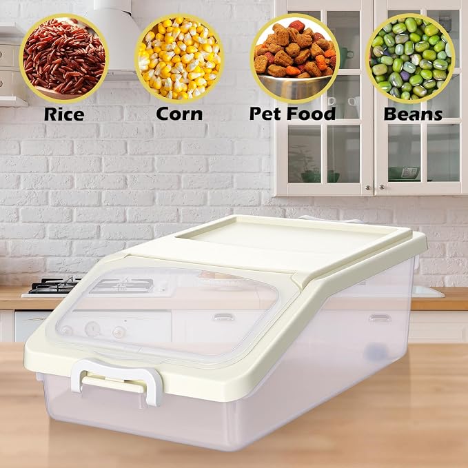 Blushtier 3 Pcs Rice Storage Container 11 lb Airtight Flour Container with Wheels Measuring Cup Clear Pet Food Dog Cat Birds Food Bin Grain Cereal Organizer Box for Dry Baking Supplies(Milky White)