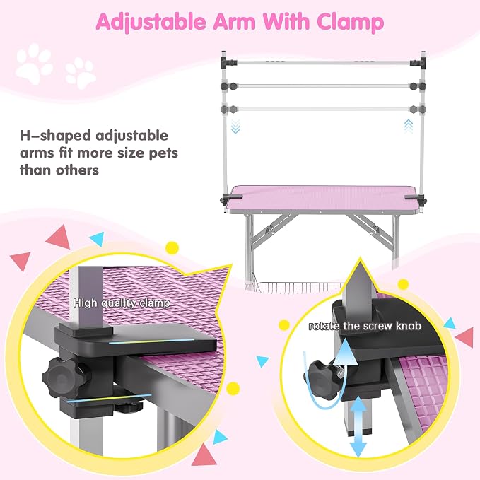 46'' Stainless Steel Pet Dog Grooming Table, Arm/Noose/Tray, Pink | Foldable Dog Grooming Table for Dogs at Home, Adjustable Height Arm, Non-Slip Waterproof Tabletop, Capacity 330Lb