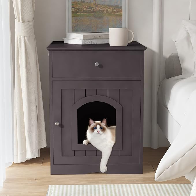 NicBex Cat Litter Box Enclosure with Drawer and Single Door Hidden Litter Box Furniture Pet Crate Covered Nightstand,Night Stand Cat House Indoor,Brown,18.9'' W