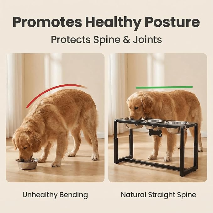 Metal Elevated Dog Bowls, Raised Dog Bowls for Medium/Large Sized Dogs with Three 58oz Stainless Steel Food Bowls, 3 Adjustable Height (8.8"/11.5"/14") Dog Bowl Stand Protect Neck & Joints