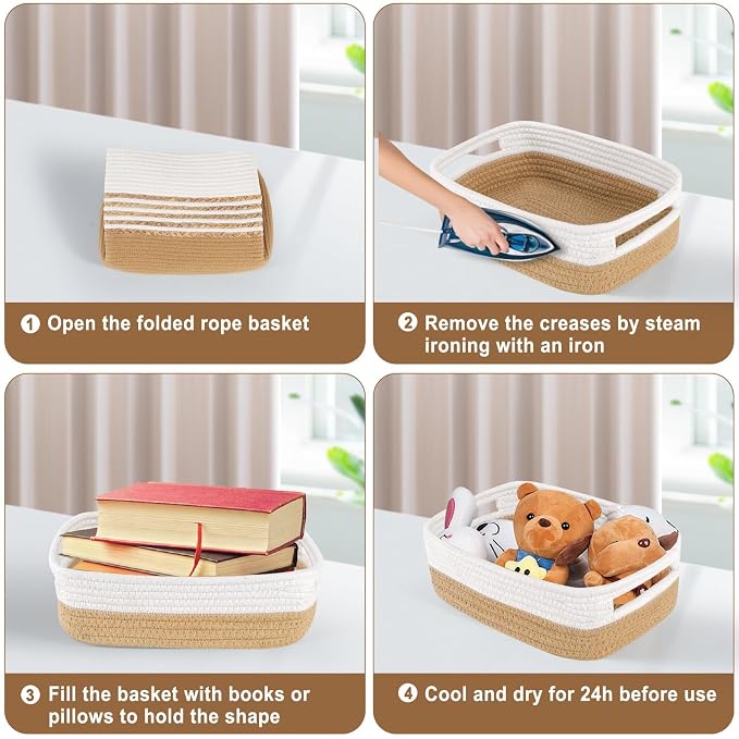 Small Basket with Gift Bags and Ribbons，Small Woven Basket Cute Oval Cotton Rope Gifts with Handle Empty Baby Wicker Storage Basket for Baby Showers Pet Toy Bin (White brown, 3 Pack (12"x 8"x 5"))