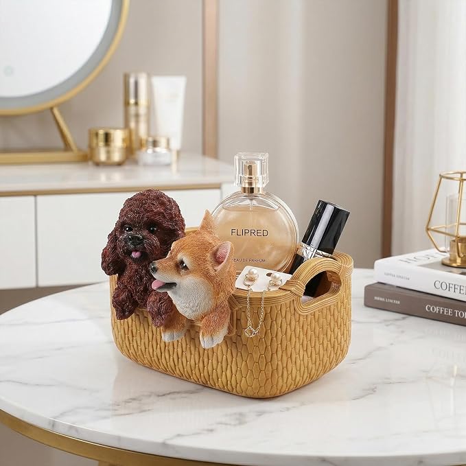 Catchall Bowl Poodle & Shiba Inu Statue - Decorative Entryway Key Holder & Candy Dish - Cute Double Dog Figurine Organizer for Desk & Room Decor - Pet Lover Housewarming Gift