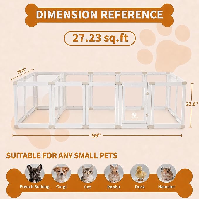 Acrylic Dog Playpen Indoor for Small Dogs & Puppies | 2 Rooms Clear Pet Playpen, Easy Clean & Assemble, Modern No-Bar Design, Escape-Proof & Sturdy, 23.6", 16 Panels, White