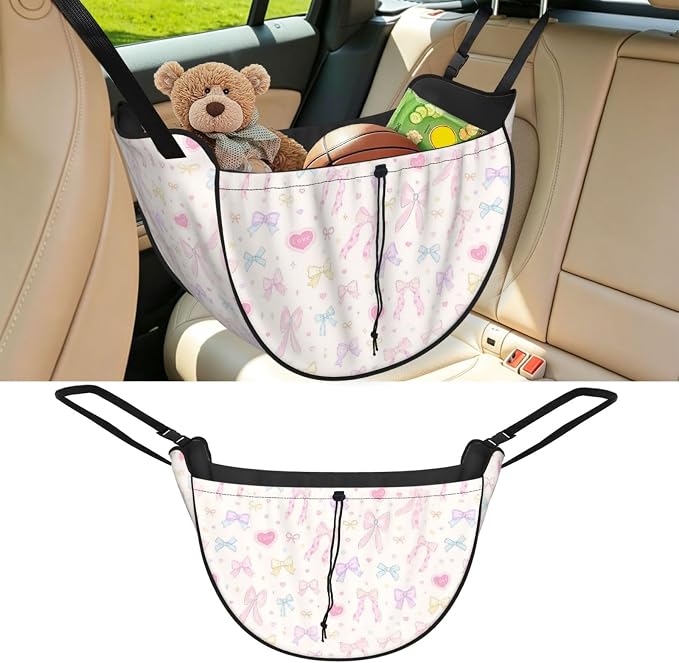 Pastel Bow Love Car Seat Organizer Backseat Storage Bag, Large Waterproof Vehicle Organizer With Adjustable Straps For Gear Essentials, Fits Most Cars