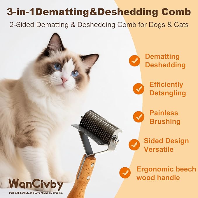 Undercoat Rake Dog Brush Dematting Comb cat shedding tool Dematting Tool Pet Brush Efficiently Detangle and Groom Coats for Large Medium Small Dogs and Cats Comb for Grooming Premium (Round Handle)