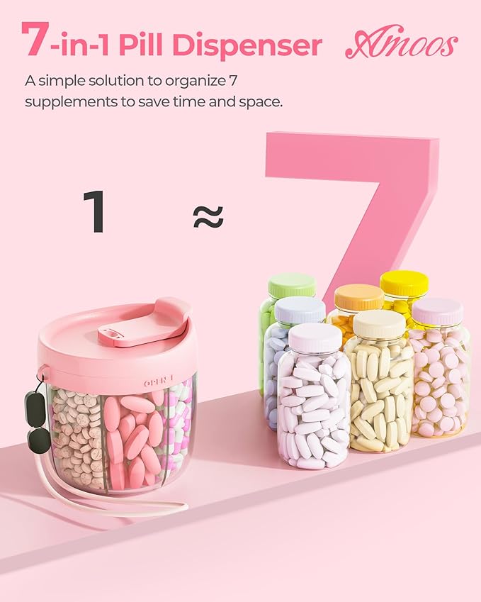 AMOOS Cute Pill Dispenser with Anti-Mix Design, 7-Slot, BPA-Free, Patented | Portable Travel Pill Organizer, Wide Mouth for Easy Access, Pill Bottle Organizer for Vitamins, Fish Oils, Supplements, Pink