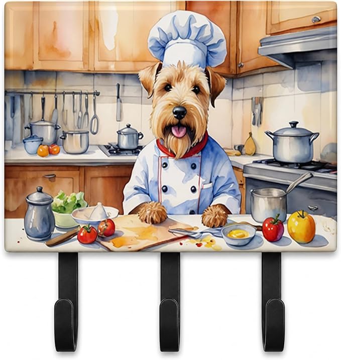 Caroline's Treasures Wheaten Terrier The Chef Leash or Key Holder Wall Hooks, Key Hooks Holder, Coat Rack Wall Mount, Coat Hooks, Hooks for Hanging Keys, Towels, Aprons, Leashes | Wheaten Terrier The Chef artwork on ceramic tile with three steel hooks ...