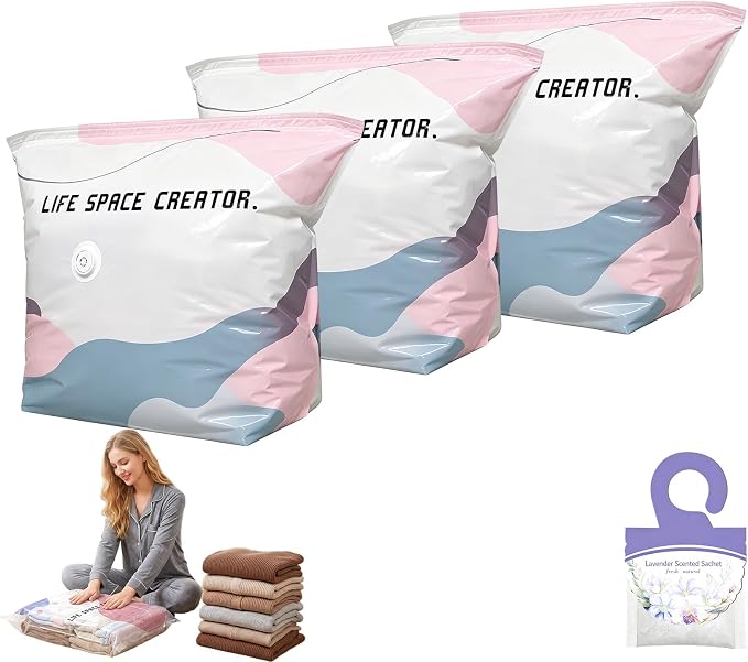 Large Capacity Vacuum Bags No Pump Needed, No Pump Large Vacuum Storage Compression Bags, Reusable No-Pump 3D Vacuum Storage Bags for Jumbo Clothes Bedding, Comforters, Off‑Season Gear (S-3PC)