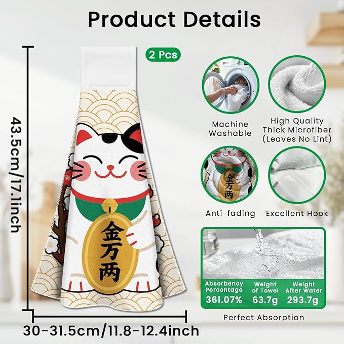 CUTHOLLOW Japanese Lucky Cat Hanging Kitchen Towels with Loop, Set of 2 - Soft & Super Absorbent Microfiber Decorative Hanging Dish & Hand Towel, Tea, Coffee Towel for Kitchen Bathroom Oven Handle