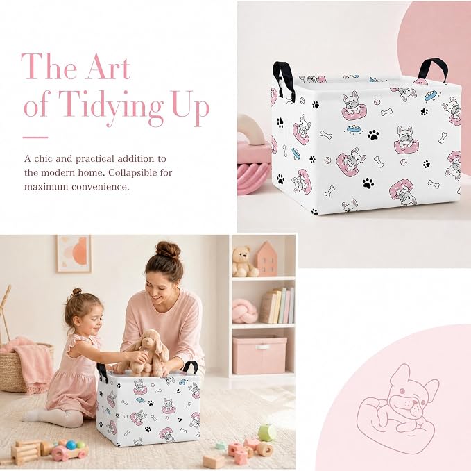 Large Dog Toy Basket Puppy Box Storage Bin (Pink Black) | Holder French Bulldog Stuff Organizer, Room Decor Gifts