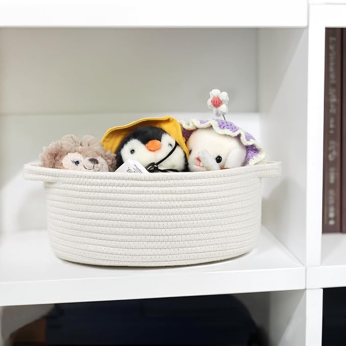Small Woven Cotton Rope Basket with Handles, White, 12 Inch | Empty Gift Basket, Bathroom and Closet Organizer, Nursery Toy Storage, Decorative Boho Basket, Shelf Storage Bin