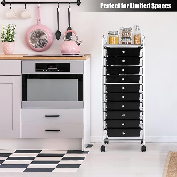 10 Drawer Rolling Storage Cart, Organization Cart with Drawers for Craft Makeup Paper Tool Art Supply, Versatile Utility Cart on Wheels for Home Office Classroom School (Black)