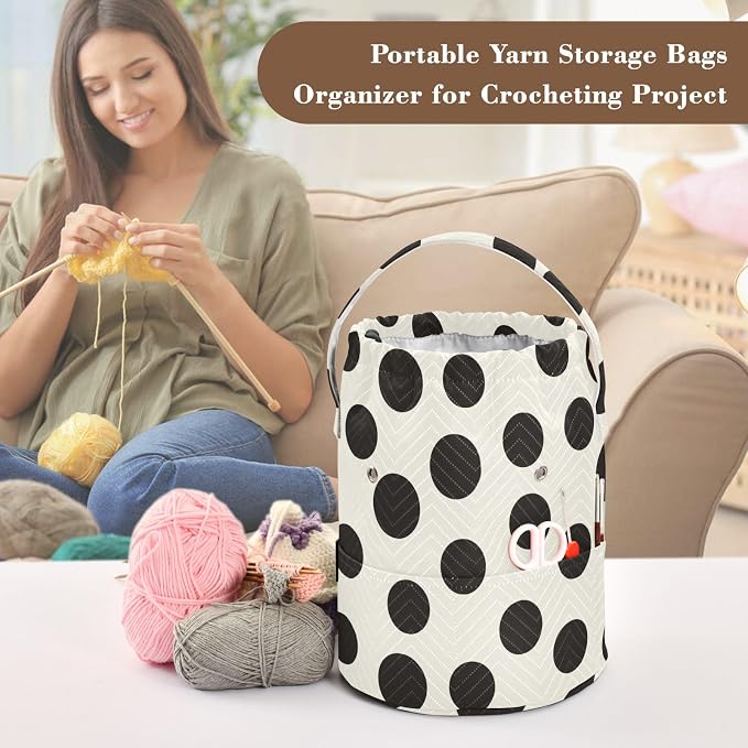 Tatenale Crochet Bag Yarn Bag Knitting Project Bag with Pockets and Handle Portable Yarn Storage Organizer Tangle Free 8.3x11 Inch Black and White Polka Dots
