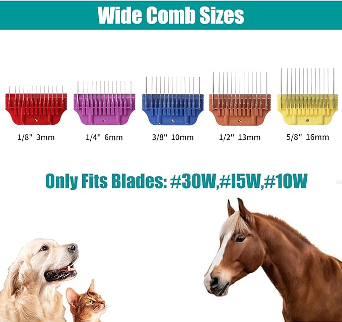 Dog Animal Stainless Steel Wide Clipper Attachment Guard Comb Set for A5 Series | Snap-On/Off Design Combs,Only Fir for 10W/15W/30W Wide Blade (Medium 5-Piece)